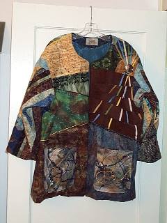 Wearable jacket front with green, brown and blue fabrics